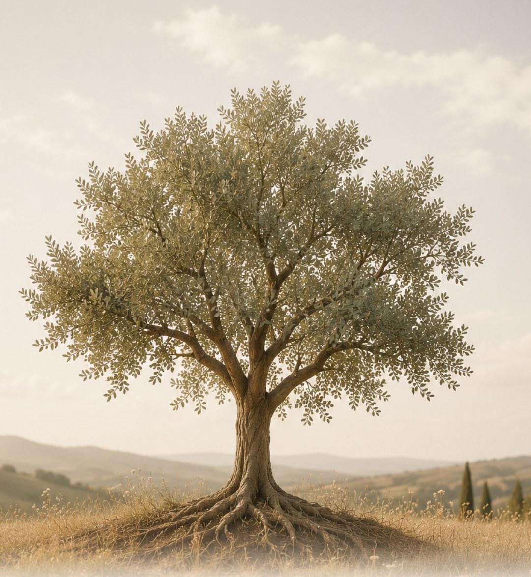 Un arbre isolé, largement enraciné, dans une lumière de fin de matinée