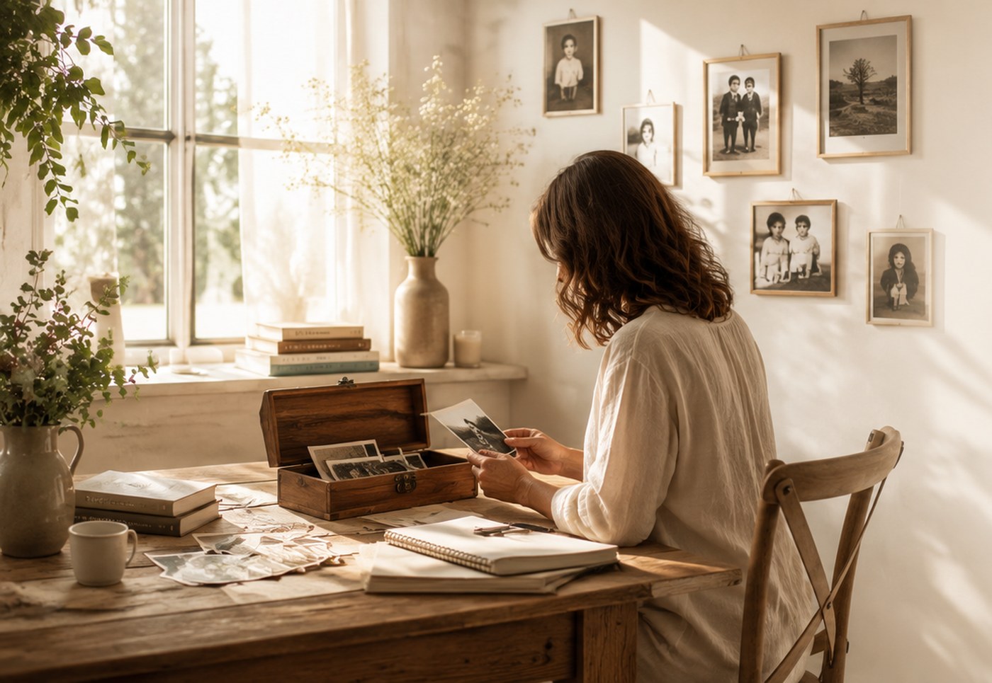 Claire Cilli assise à son bureau, regardant des photographies de famille dans une lumière douce